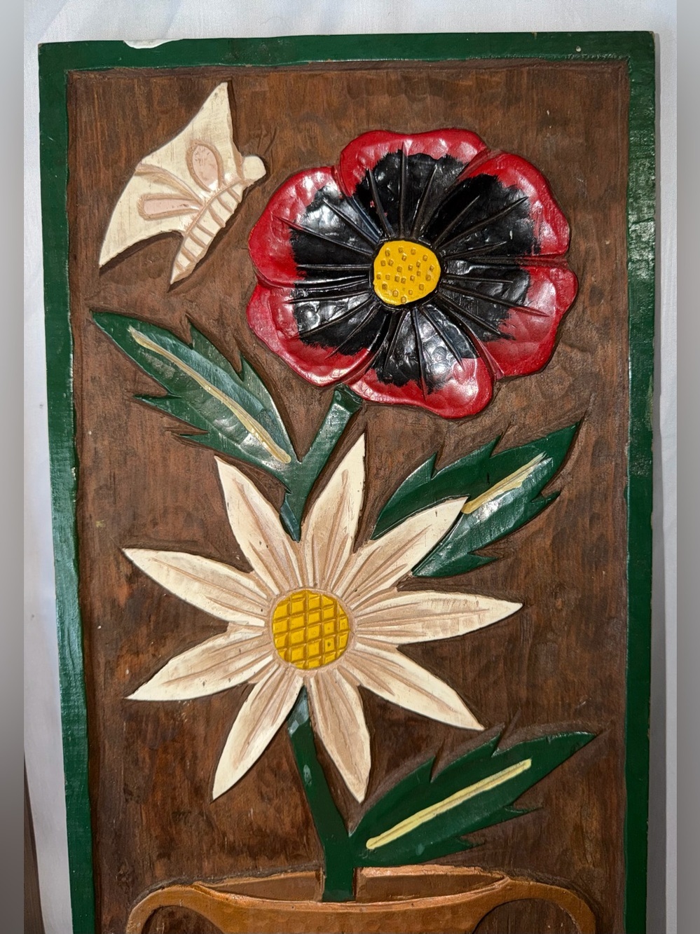 Vintage Hand-Carved & Hand-Painted Floral Wood Wall Plaque - Picture 6 of 6